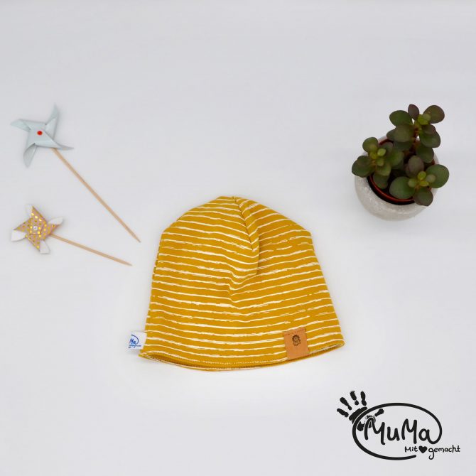 Beanie - Bio-Jersey, senf gestreift