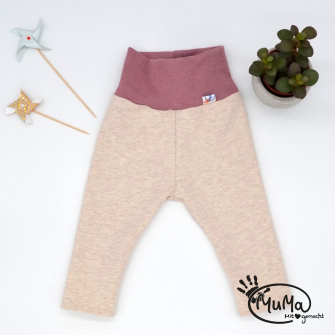 Leggings - Sweat Ökotex Standard100, naturweiß mit Bund altrosa
