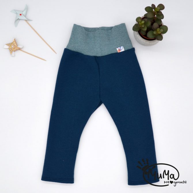 Leggings - Waffel Jersey Ökotex Standard 100, blau mit Bund rauchblau