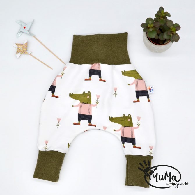 Pumphose - Bio-French-Terry Kroko rosa mit Bund khaki