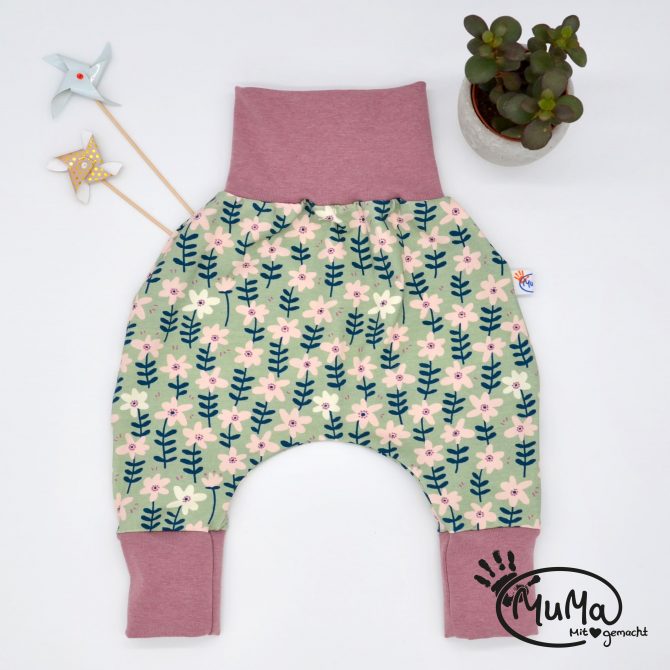 Pumphose - Bio-Jersey Blumen mit Bund altrosa meliert