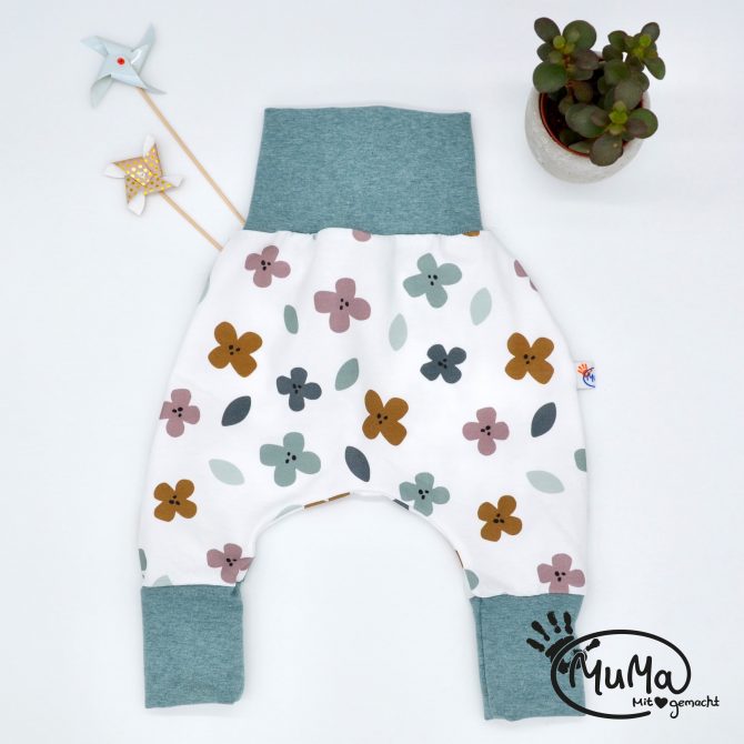 Pumphose - Bio-Jersey Blumen gross mit Bund rauchblau