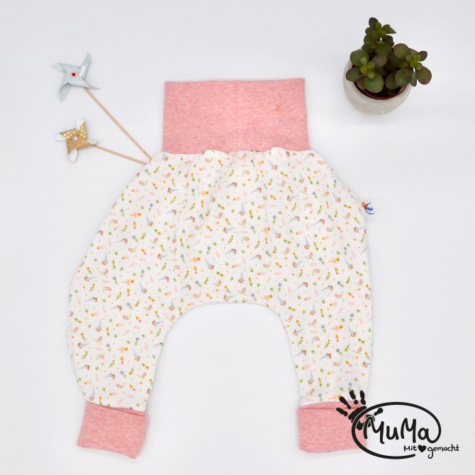 Pumphose - Musselin Blumenwiese mit Bund rosa meliert