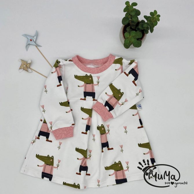 Basickleid - Bio-French-Terry Kroko rosa mit Bund rosa meliert