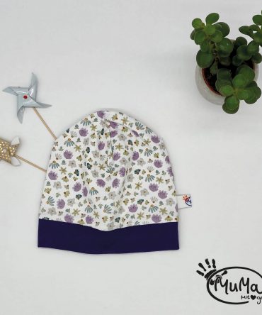 Beanie mit Bund - Bio-Jersey Blumen Weiss mit Bund lila