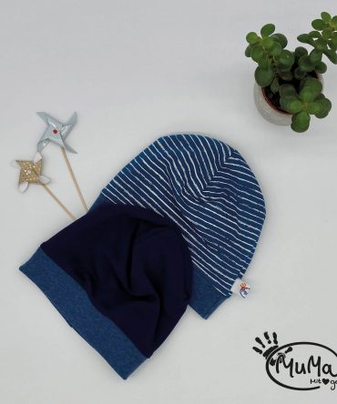 Wendebeanie - Bio-Jersey blau und gestreift mit Bund blau