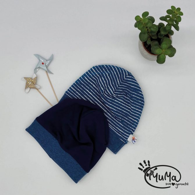 Wendebeanie - Bio-Jersey blau und gestreift mit Bund blau