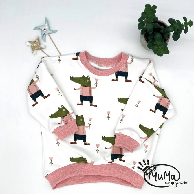 Oversized Sweater - Bio-Frech-Terry Kroko rosa mit Bund rosa meliert
