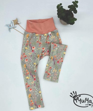 Leggings - Rippjersey Ökotex Standard 100 Blume weiss mit Bund apricot