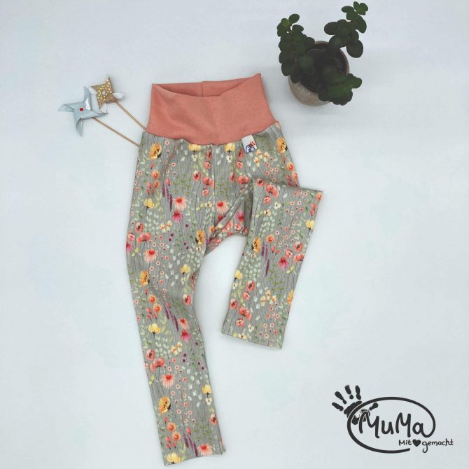 Leggings - Rippjersey Ökotex Standard 100 Blume weiss mit Bund apricot
