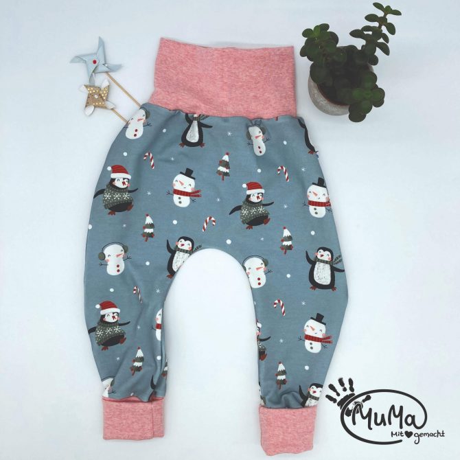 Pumphose - Bio-French-Terry Christmasparty blau mit Bund rosa meliert