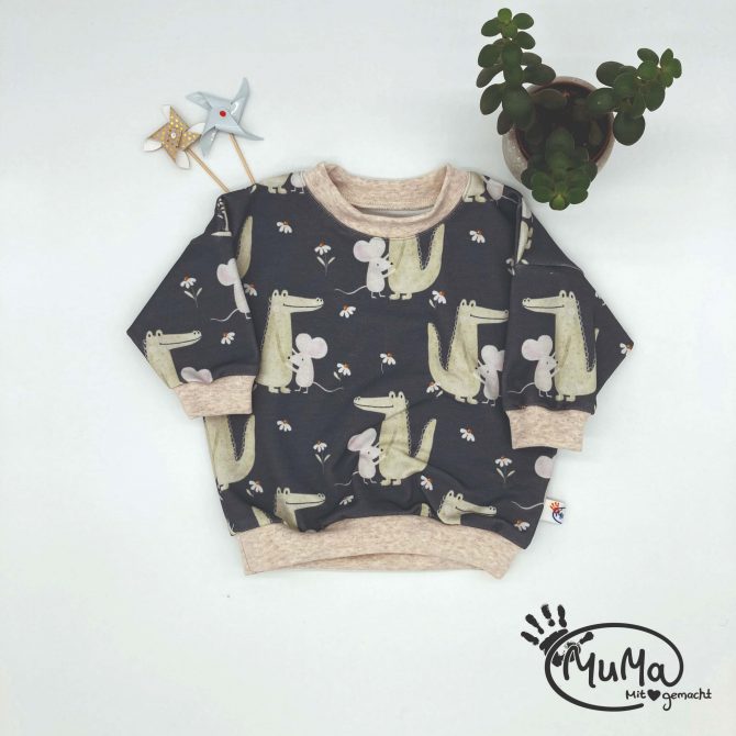 Oversized Sweater - Bio-French-Terry Kroko Maus mit Bund naturweiss meliert