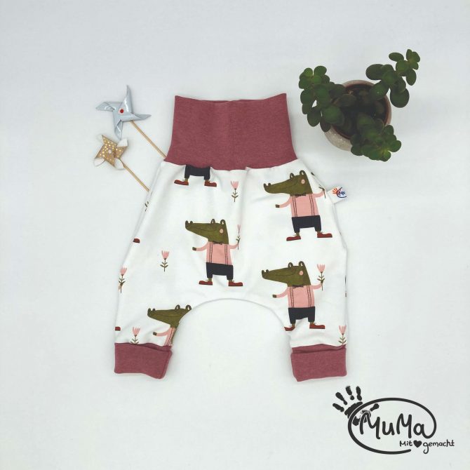 Pumphose - Bio-French-Terry Kroko rosa mit Bund altrosa