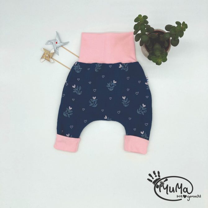 Pumphose - Musseline Ökotex Standard 100 Herzblatt jeansblau mit Bund rosa
