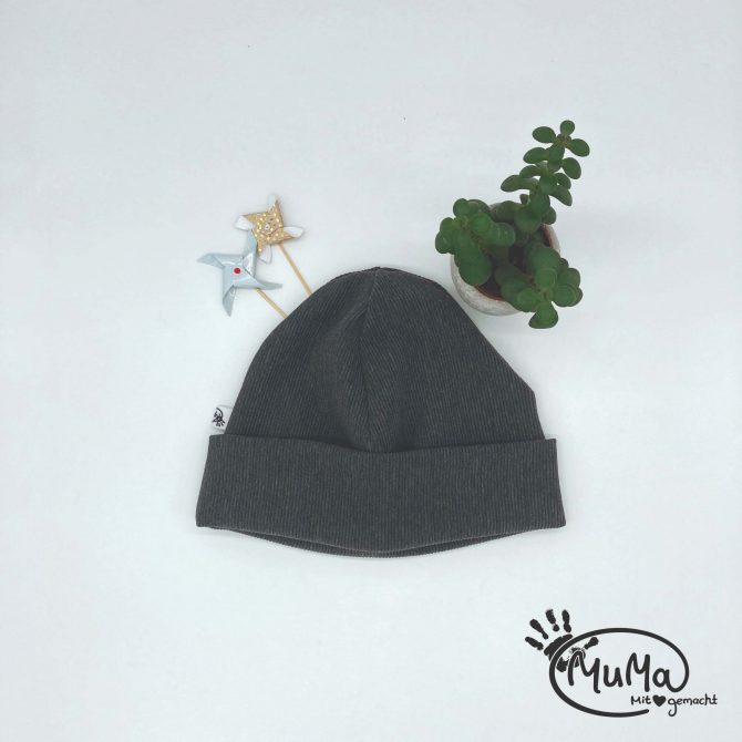 Beanie mit Umschlag - Rippjersey dunkel grau