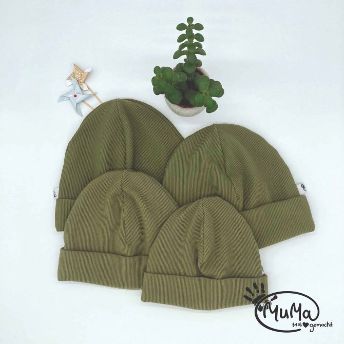 Beanie mit Umschlag - Rippjersey Olive